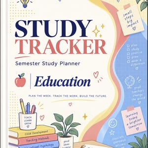 Könnte beinhalten: Ein "Study Tracker" Semester-Studienplaner mit cremefarbenem Einband und dem Text "STUDY TRACKER" in Dunkelblau und Rot. Das Cover zeigt Illustrationen eines Bücherstapels, eines Stiftehalters, einer Topfpflanze und motivierender Textnotizen.
