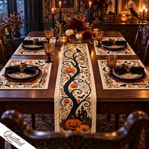 Può includere: Un runner da tavola trapuntato rettangolare con un design centrale ad albero nero con zucche di Halloween arancioni, pipistrelli, ragnatele e la sagoma di una casa stregata su tessuto color crema decorato con foglie e viticci autunnali.