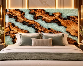 Blue Epoxy Resin Bed Headboard, Natural Acacia Wood Live Edge Headboard, Handmade Luxury River Resin Wall Panel, Modern Bedroom Furniture