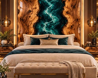 Cabeceira de cama em resina epóxi com ondas do oceano azul, painel traseiro artesanal em madeira de acácia com borda natural, decoração de parede luxuosa para quarto com estilo costeiro.