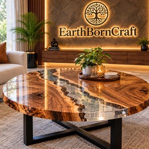 May include: A round coffee table featuring a natural wood slab with a prominent live edge and a central clear resin river inlay. The table is supported by a black metal X-shaped base and has a polished, glossy finish that reflects the surrounding light.