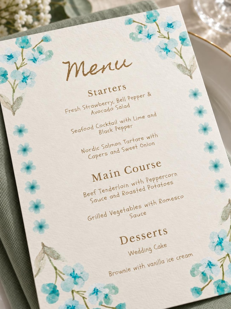 Editable Wedding Menu Template, Canva Floral Stationery, Turquoise A5 Editable Wedding Menu Template, Canva Floral Stationery, Turquoise A5