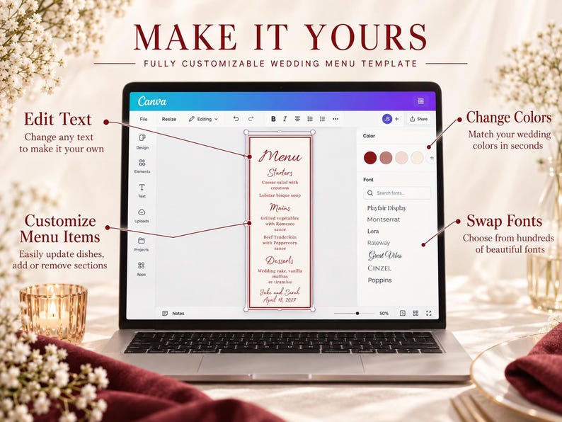 Editable Red Wedding Menu Template, Canva Printable Reception Menu ...