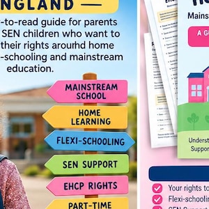 May include: A 12-page digital guide titled Parent Rights: Home Learning for parents of children in England. The document covers topics like mainstream school, SEN support, EHCP rights, and flexi-schooling, featuring colourful graphics of schools and houses.