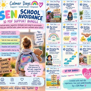 May include: A digital bundle titled SEN School Avoidance featuring 10 PDF support guides. The image displays a child with a backpack and teddy bear, alongside ten numbered instructional cards with text, icons, and pastel-colored graphics.