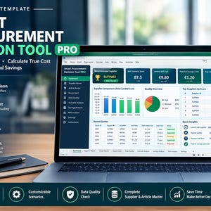 May include: A laptop screen displaying the Smart Procurement Decision Tool Pro Excel template, featuring a dashboard with bar charts, pie charts, and data tables for supplier comparison, cost analysis, and risk assessment in a professional interface.