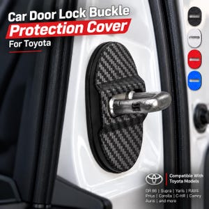 May include: A carbon fibre patterned car door lock buckle protection cover for Toyota vehicles. The text reads Car Door Lock Buckle Protection Cover For Toyota. It includes a metallic latch and colour options in black, white, red, and blue.