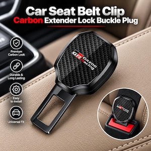 May include: A black car seat belt clip extender lock buckle plug with a carbon fiber pattern and the Gazoo Racing logo. The text Car Seat Belt Clip Carbon Extender Lock Buckle Plug is visible. A circular inset shows the clip inserted into a buckle.