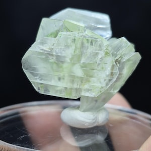 Könnte beinhalten: Ein blassgrünes, durchscheinendes Mineralexemplar mit mehreren tafelförmigen, ineinandergreifenden Kristallformationen mit scharfen Kanten und glasartigem Glanz, montiert auf einem kleinen, weißen, abgerundeten Sockel vor dunklem Hintergrund.