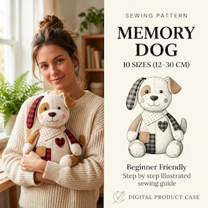 May include: A sewing pattern for a memory dog, featuring 10 sizes from 12 to 30 cm. The digital product case includes a beginner friendly, step by step illustrated sewing guide for a stuffed dog toy with patchwork details and a bandana.