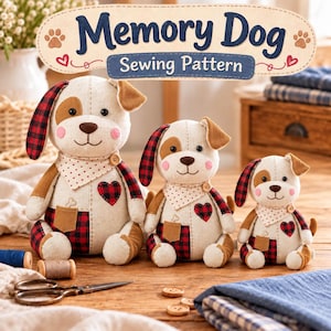 May include: Three stuffed dog toys in varying sizes made from beige fabric with red and black buffalo plaid accents. Each dog features a white bandana with red hearts, a small pocket with a bone icon, and a red heart patch on the chest.