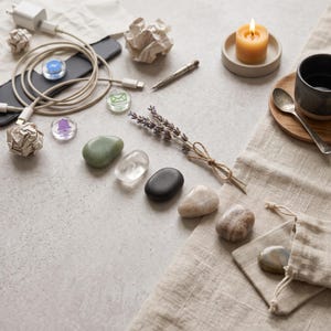May include: A collection of smooth polished stones in various shades of green, clear, black, and beige, alongside a charging cable with a wall adapter, three small circular icons, a metal pen, a sprig of dried lavender, a candle, and a small pouch.