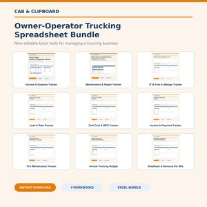 May include: A digital bundle of nine editable Excel spreadsheets titled Owner-Operator Trucking Spreadsheet Bundle by CAB & CLIPBOARD. The set includes trackers for income, expenses, maintenance, fuel, mileage, loads, rates, invoices, tires, and annual budgets.