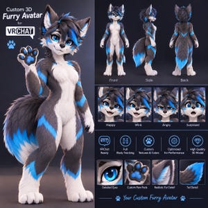 May include: A custom 3D furry avatar for VRChat featuring a wolf-like character with dark gray and white fur, accented by bright blue markings. The character has large blue eyes, a bushy tail, and paw pads. Includes front, side, and back views.