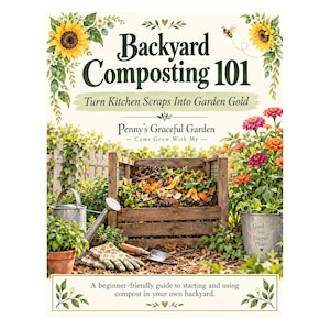 May include: A book cover titled Backyard Composting 101: Turn Kitchen Scraps Into Garden Gold by Penny's Graceful Garden. The cover features sunflowers, a bee, a wooden compost bin, a metal watering can, gloves, and a trowel in a garden.