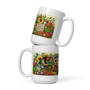 May include: Two white ceramic mugs stacked vertically. The top mug features a garden scene with a wooden sign reading Reduce Waste, Healthy Soil, Bigger Harvests, A Greener Tomorrow. The bottom mug shows a gardener with text Come Grow With Me.