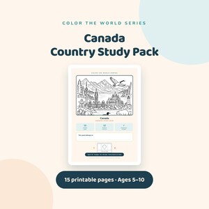 May include: A Canada Country Study Pack printable activity sheet featuring a black and white line art illustration of Canadian landmarks, wildlife, and scenery. The page includes text, activity counts, a space for a name, and a small Canadian flag icon.
