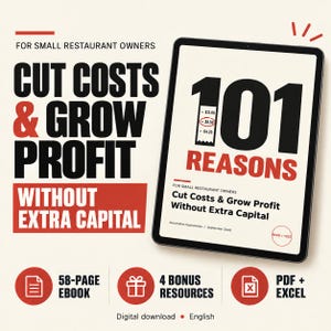 Op de afbeelding: Een digitale tablet toont een voorpagina met de titel 101 REASONS: Cut Costs & Grow Profit Without Extra Capital. De tekst is zwart en rood op een crèmekleurige achtergrond. Daaronder staan iconen voor een e-book van 58 pagina's en Excel-bestanden.