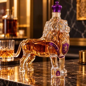 May include: A clear glass decanter shaped like a standing lion, filled with amber liquid. The lion features a purple crown stopper, a purple shield emblem on its chest with a gold lion crest, and a small purple square base with a crown icon.