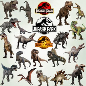 Pode incluir: Uma coleção de várias figuras de dinossauros, incluindo Tyrannosaurus Rex, Spinosaurus e Pteranodon, dispostas em torno de três logotipos de Jurassic Park e Jurassic World Dominion com silhuetas pretas e laranjas de esqueletos.