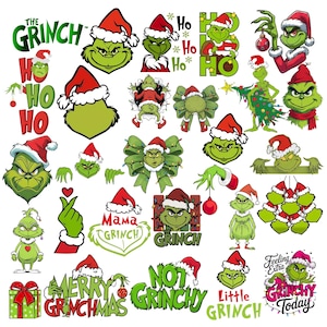 Pode incluir: Uma coleção de adesivos digitais com o personagem verde Grinch usando um gorro de Papai Noel vermelho. Os designs incluem várias poses, expressões e textos temáticos de Natal como The Grinch, Ho Ho Ho, Mama Grinch, Merry Grinchmas e Feeling Extra Grinchy Today.