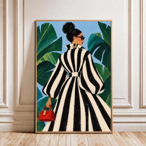 May include: A digital illustration of a figure seen from behind, wearing a long-sleeved dress with bold black and white vertical stripes, a high collar, and a belted waist. The figure wears large gold rectangular earrings, sunglasses, and carries a small red handbag against a background of large green tropical leaves.