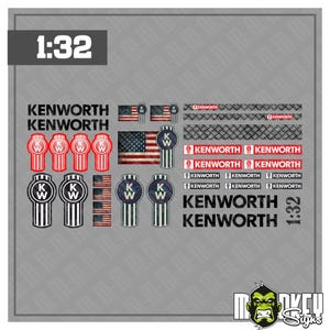 May include: A 1:32 scale decal sheet featuring various Kenworth truck logos, emblems, and American flag designs. The sheet includes multiple red and white KW badges, black and white emblems, rectangular Kenworth text labels, and diamond plate patterns.