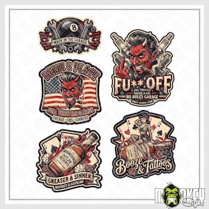Könnte beinhalten: Ein Set aus fünf Vinyl-Aufklebern mit grafischen Illustrationen, darunter eine schwarze Acht-Ball-Kugel mit Schraubenschlüsseln, ein roter Teufel mit Zigarre, ein Teufel vor einer US-Flagge, eine Whiskeyflasche mit Spielkarten und eine Pin-up-Figur.