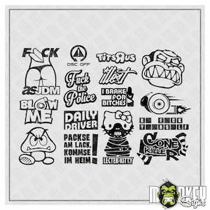 Könnte beinhalten: Eine Sammlung schwarzer Vinyl-Aufkleber mit verschiedenen grafischen Designs und Texten, darunter FUCK asJDM, DSC OFF, TITS R US, illest, ein Affengesicht, BLOW ME, DAILY DRIVER, I BRAKE FOR BITCHES, ein Turbo, ein Goomba, LECTER KITTY und CONE KILLER.