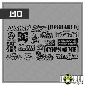 Peut inclure: Une collection d'autocollants en vinyle noir présentant divers motifs graphiques et textes, notamment DUBWAY, illest, UPGRADED, lowered, DSC OFF, EAT SLEEP SHIFT, I HATE STICKERS, BLOW ME, COPS ME, BAD COP NO DONUT, TITS R US et d'autres symboles.