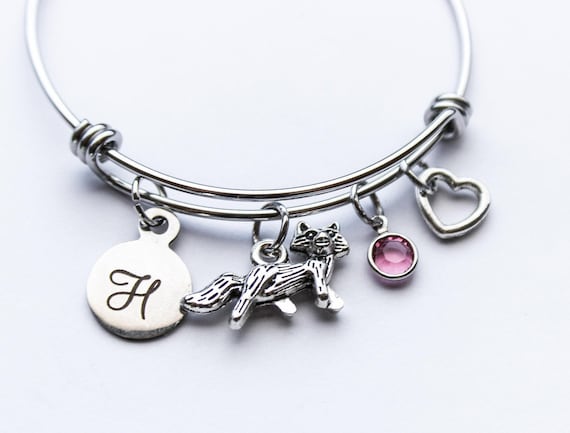 Choose Your Initial and Birthstone Fox Lover Gift Fast Shipping Fox Animal Jewelry Personalized Fox Bracelet
