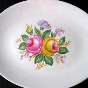 Floral Mid Century Serving Platter | Floral Serving Plate | Pink Yellow Roses Flowers | Vintage 1950s 13 Inch Oval Platter