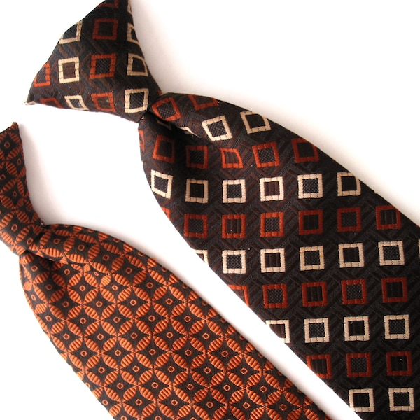 2 Vintage 1970s Clip on Neckties | Brown and Orange Neck Ties | Retro Menswear | Wembley and Clipper  | Geometric Design | Pair