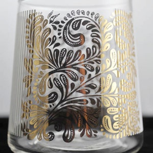 Gold Paisley Glass Container | Open Apothecary Jar | Fancy Low Vase | Decorative Storage Jar | Vintage 1960s Home Decor