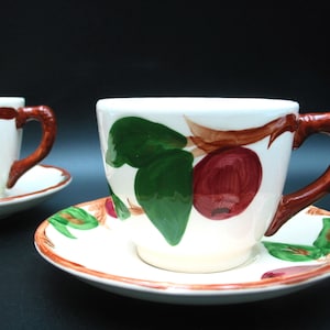 Franciscan Apple Cup and Saucer Sets  | Vintage 1970s USA Backstamp | Red Apples and Green Leaves | 4 Piece Set 2 Cups and 2 Saucers