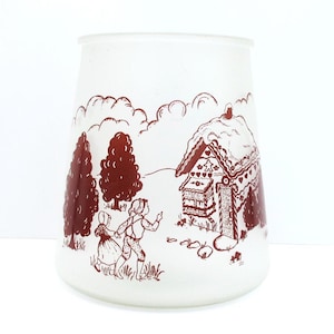 Bartlett Collins Pokee Frosted White Open Cookie Jar Canister | Hansel and Gretel in Brown | Vintage 1950s Frosted Glass Jar