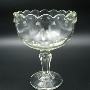 May include: A clear glass dessert bowl with a scalloped rim and a pedestal base. The bowl has a rounded shape with a series of small, decorative indentations near the rim. The stem is fluted, and the base is circular.