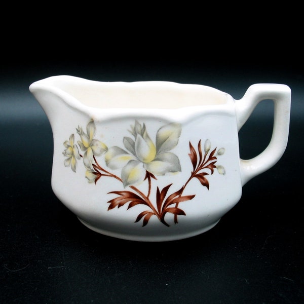 Vintage Creamer or Small Sauce Server with Gray and Yellow Flowers and Brown Leaves | Octagon Shaped | 1950s Mid Century Dinnerware