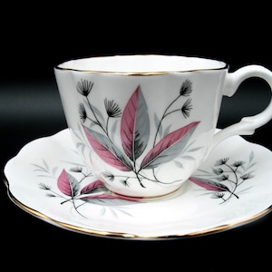 English Castle Tea Cup and Saucer Set | Pink Gray and Black Leaves | Gold Trim | Bone China | Vintage 1950s | Made in Staffordshire England