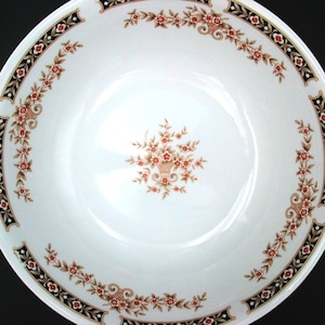 Fine China of Japan Victoria Round Vegetable Bowl | Vintage 9 Inch Serving Bowl | Black Band with Flowers | Mid Century Dinnerware