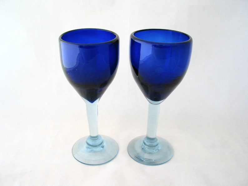 2 Vintage Cobalt Blue Wine Glasses Heavy Blue and Clear Etsy
