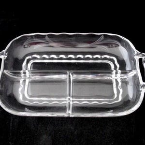 Viking Crystal Princess Clear Relish Dish | 3 Part Glass Relish Tray with Etched Leaves | Divided Serving Dish | Vintage 1960s