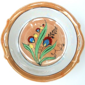 Asian Style Peach Lusterware Bowl with Iridescent Band and Colorful Floral Center Design | 7 Inch Bowl | Made in Japan | Vintage 1930s