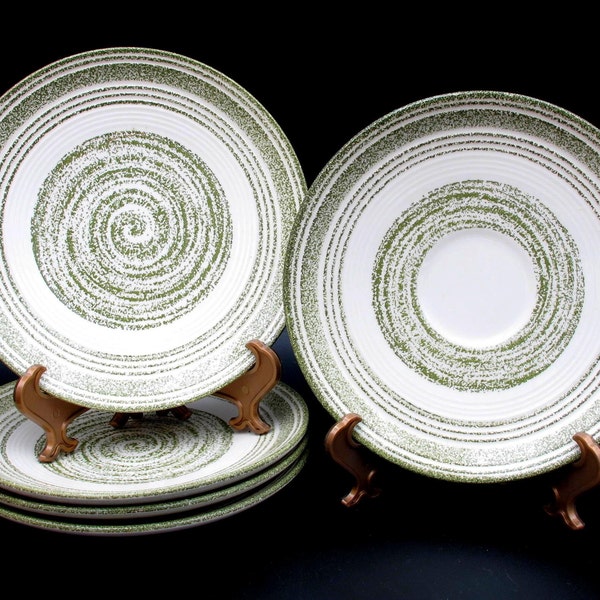 El Verde Bread Plates and Saucer by Max Schonfeld | Green Spiral Design | 5 Piece Set | 4 Bread Plates 1 Saucer | Ironstone | Vintage 1960s