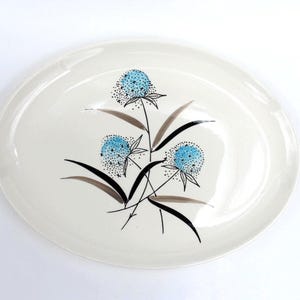 Stetson Marcrest Mid Century Modern Oval Platter | Hand Painted Atomic Floral Serving Plate | Vintage 1950s | Blue Thistle