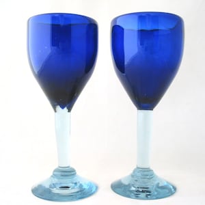 2 Vintage Cobalt Blue Wine Glasses | Heavy Blue and Clear Glass | 6 Ounce | Vintage 1990s Pair