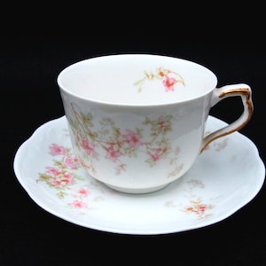 May include: White porcelain teacup and saucer set. The cup and saucer feature a delicate floral pattern in pink and green. The cup handle and rim have gold accents. The saucer has a scalloped edge.