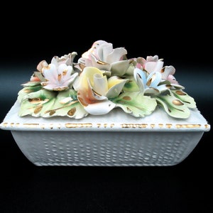 Italian Porcelain Trinket Dish and Lid with Pastel Flowers and Gold Trim | Hand Painted | Floral Jewelry Box | Vintage 1950s