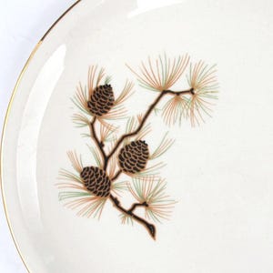 May include: White ceramic plate with a gold rim, featuring a detailed illustration of pine cones and needles. The design includes brown pine cones and green and orange needles on a brown branch. A classic, nature-inspired design.