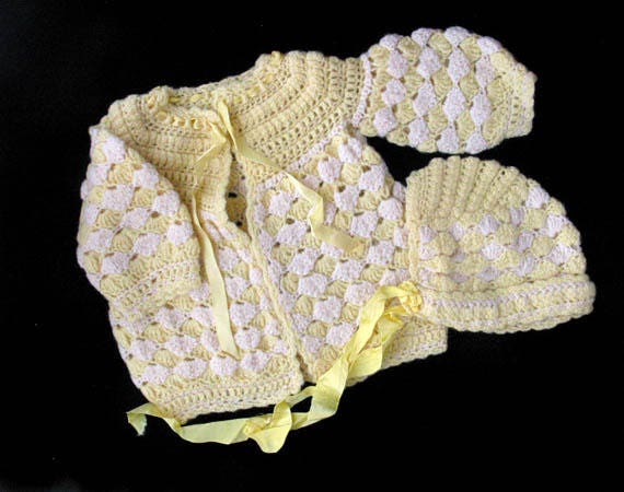 Crocheted Baby Sweater and Bonnet | Yellow and Wh… - image 7